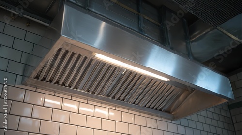 New clean stainless steel hood in professional kitchen