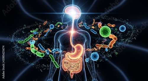 Human silhouette showcases glowing stomach brain connection surrounded by microscopic gut bacteria