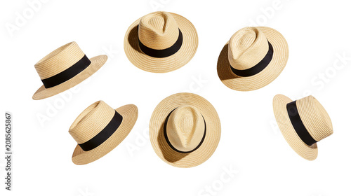 Bild auf Leinwand Straw Boater Hats with Black Ribbon Band