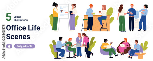 Collection of office life scenes with coworkers presenting, chatting, meeting, and working on laptops in modern workplace settings, isolated on white background vector illustration