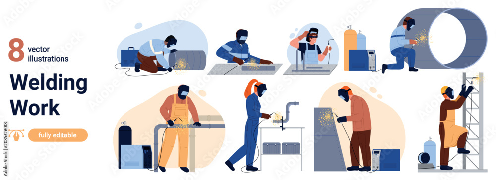 Fototapeta premium Vector professional welders in protective masks working with metal structures, pipes, ladders using welding equipment, sparks, gas cylinders for industrial construction, repair, manufacturing isolated