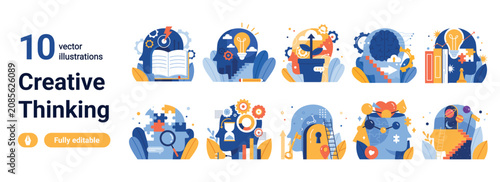Collection of creative thinking icons with heads, puzzle pieces, light bulbs, books, gears, charts, keyholes, and abstract learning symbols isolated on white background vector illustration