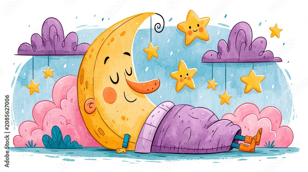 Naklejka premium Nursery clipart of a sleeping crescent moon with stars and clouds in the night sky. Sweet dream collection isolated on a white background, perfect for baby decor, storybooks, invitations, and nursery 