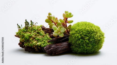 Fresh Green Moss on Tree and Forest Ground Isolated on White Background Natural Plant Growth Garden Botanical Texture Concept