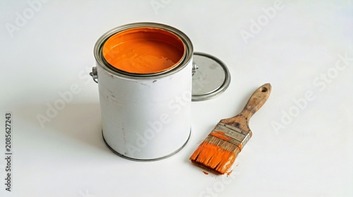 White Paint Can With Orange Paint and Wooden Paintbrush