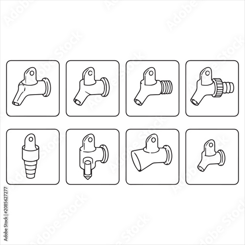 Black and White Pipe Fitting Icons, Line Art Style