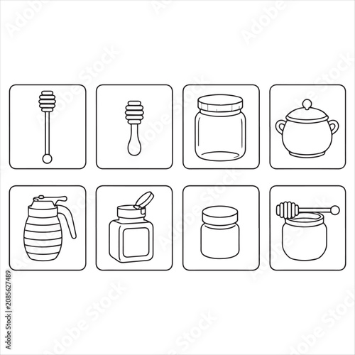 Honey and Beekeeping Icon Set with Line Drawings