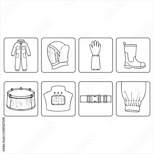 Beekeeping Protective Wear Icons, Line Art Style