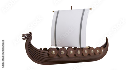 Schilderij op canvas Wooden Viking longship with dragon head prow and white sail