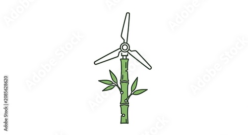 Bamboo stalk supports wind turbine blades. Green stalk grows upward with natural leaves. Wind turbine spins above bamboo base. Nature and renewable energy blend together