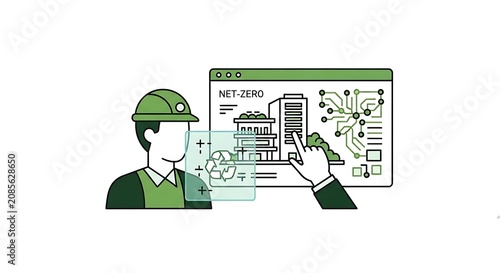 Worker in green hard hat touching a digital screen showing 