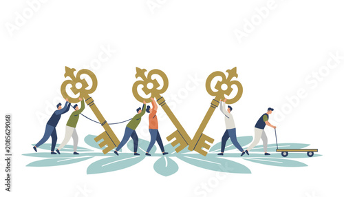 Team of people work together to move and install large golden keys representing new business opportunities and strategic solutions for growth.