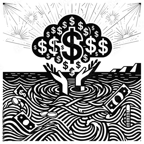 Surreal illustration of someone drowning in a sea of money and struggle, reaching for a dollar sign cloud representing debt and a financial crisis.