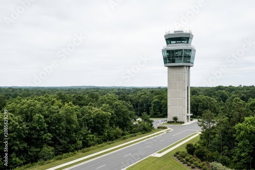 Modern air traffic control tower overlooking dense forest landscape under overcast sky for aviation safety and travel logistics. Website Banner, Hero Header, Wide Background, Copy Space.