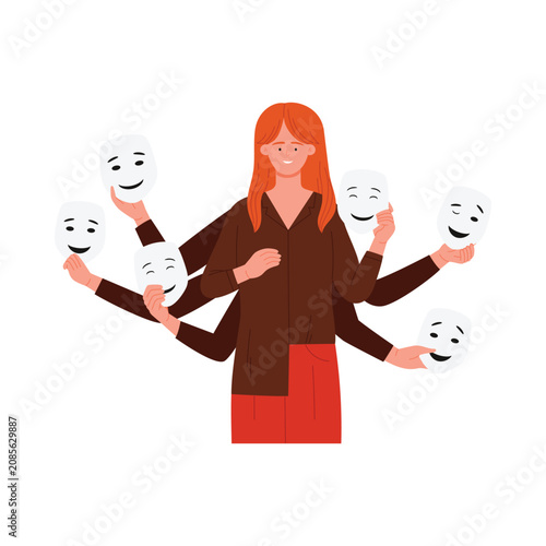 Fotografie Red-haired woman with many arms holding similar happy masks, concept of identity