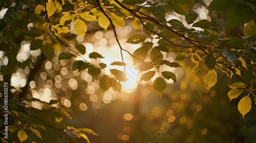 Leaves in Warm Sunlight Filtering Through Branches in Autumn Forest