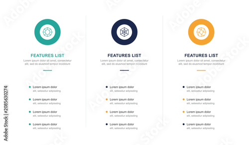 Fotografie Three column comparative lists business infographic presentation template with c