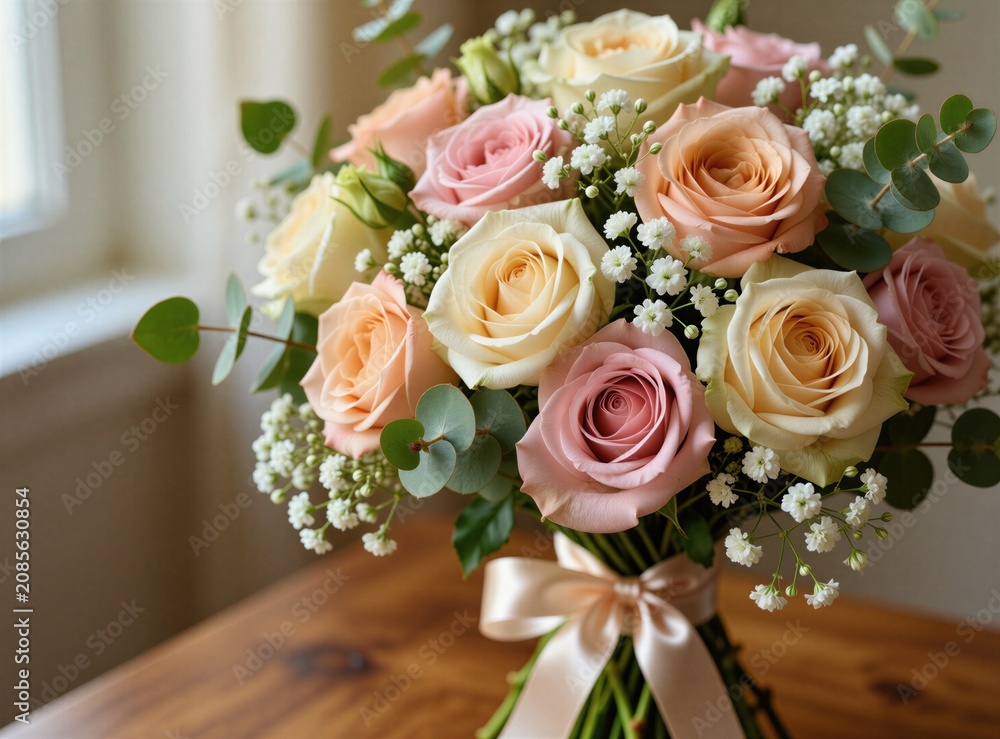 Obraz premium Pastel rose bouquet with baby breath and eucalyptus. Soft pink cream peach flowers tied with satin ribbon. Elegant floral gift for wedding, celebration or home decor.