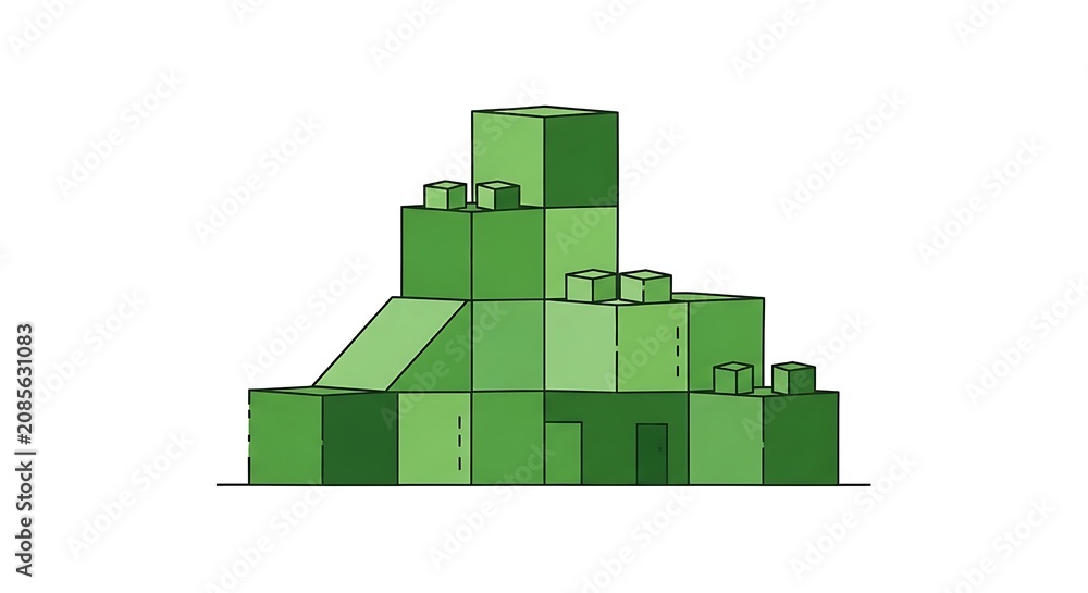Obraz premium 3D green toy blocks stacked into a creative multi-layered castle structure, featuring cubes, slopes, and geometric shapes.