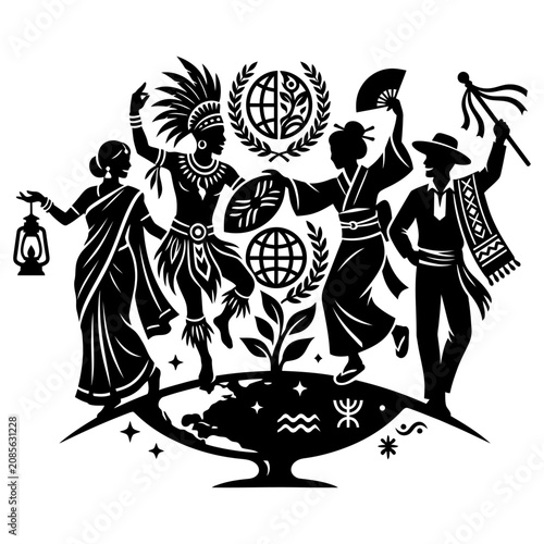fao logo and global unity represented by people from diverse cultures dancing on earth symbolizing sustainable development