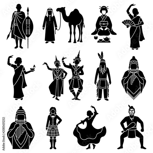 diverse people representing global cultures and traditional costumes illustrate cultural diversity across various ethnic groups.