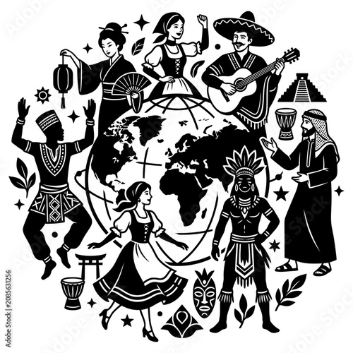 global diversity and multicultural people from world cultures illustrating international unity and human community in traditional clothing.