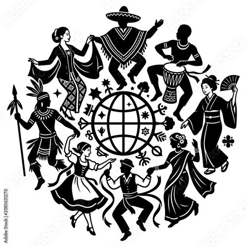 global unity and cultural diversity depicted by people dancing around the world celebrating international community and harmony.