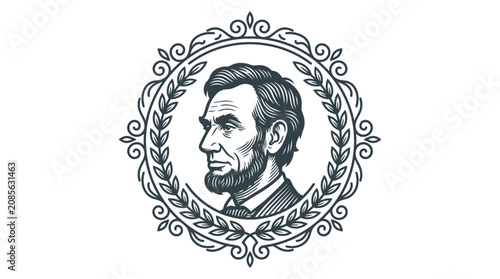Принти на полотні Engraved illustration of Abraham Lincoln inside an ornate decorative laurel wreath frame