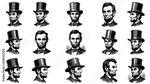 Foto A collection of vintage engraved portraits of Abraham Lincoln in various angles and poses
