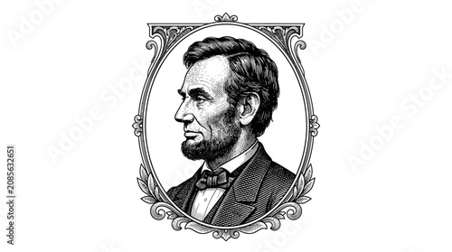 Cuadro en lienzo Engraved portrait of Abraham Lincoln in a vintage decorative frame isolated on white