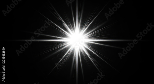A brilliant white star radiates outwards from a central point against a stark black background. The star's light creates a dynamic burst of rays, suggesting intense energy and illumination.