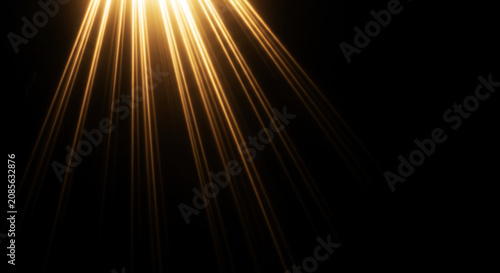Radiant beams of golden light shoot upwards from an unseen source, illuminating a dark background. The light creates a dramatic and ethereal effect, evoking a sense of power and energy.