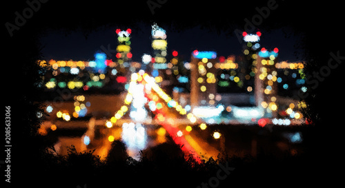A long-exposure photograph captures a blurred cityscape at night. The image showcases a vibrant skyline filled with illuminated buildings and a prominent bridge.