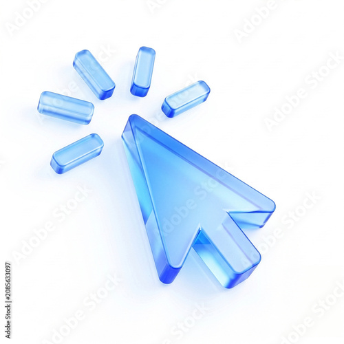 3D blue glass mouse cursor arrow icon with click effect isolated on white background