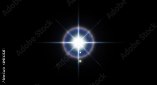A bright lens flare dominates the image, centered against a stark black background. A brilliant white light source emits a radiant glow, surrounded by concentric rings of blue and purple.