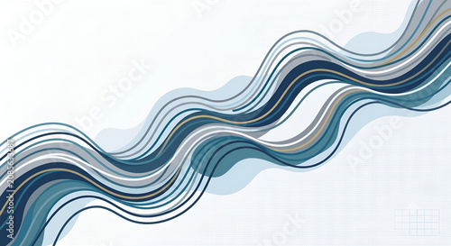 Abstract dynamic flowing blue and teal wave lines on a light textured background