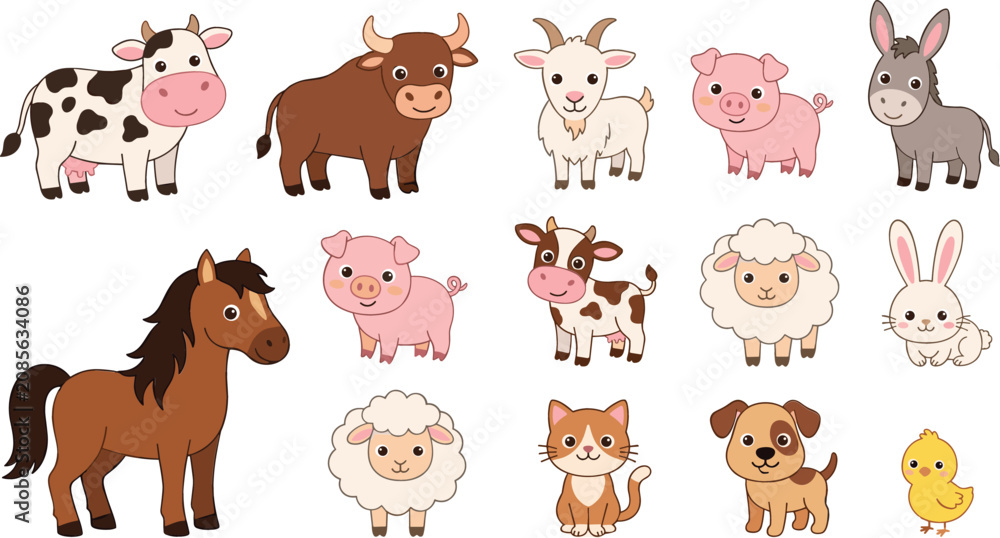 Obraz premium Cute Cartoon Farm Animal Icon Set Featuring Cow Horse Pig Sheep Goat Donkey Dog Cat and Chick Illustrations for Children Education Graphic Designs
