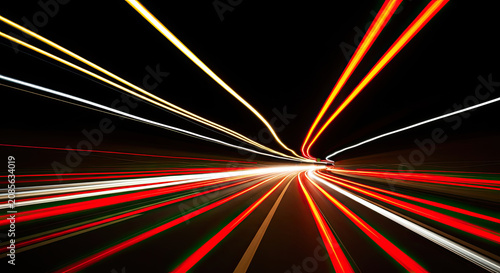 A long exposure photograph captures streaks of light moving rapidly through a dark tunnel.