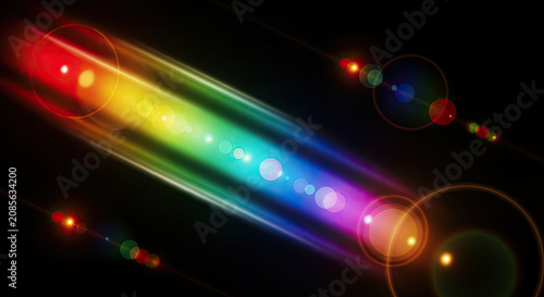 A vibrant, abstract image showcases a dynamic streak of multicolored light, resembling a lens flare.