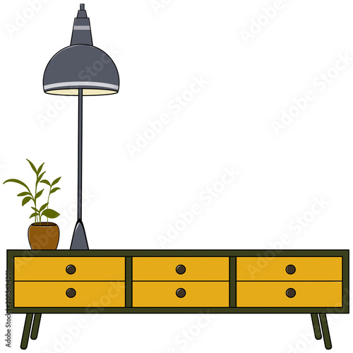 The wooden furniture has drawers, and a lamp and vase are placed on top of it.