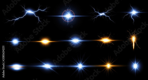 Electric bolts streak across a dark background, creating a dramatic and energetic scene. Multiple light rays and bursts of light radiate outwards, suggesting a powerful electrical discharge.