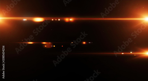 A dark background showcases a horizontal beam of intense orange and red light. Several bright points of light, resembling distant stars or flares, are scattered along the beam's path.