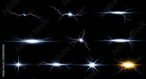 Electric bolts of light streak across a dark background. The lightning displays vary in shape and intensity, creating a dynamic and energetic visual effect.