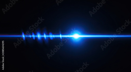 A bright blue beam of light extends horizontally across a dark background. The beam consists of multiple distinct, glowing segments, creating a linear effect.