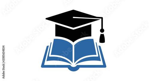 A graduation cap sits on top of an open book representing academic success