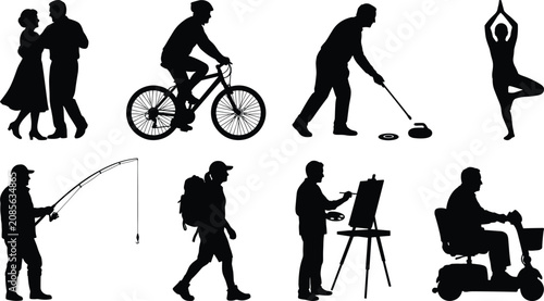 Active senior citizens hobbies and lifestyle black silhouettes set including dancing cycling curling yoga fishing hiking painting and mobility scooter