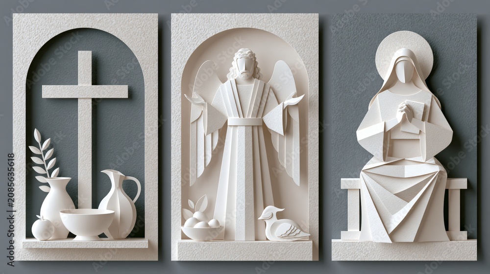 Fototapeta premium Triptych paper craft illustration featuring Mary, an angel, and the crucifix cross with layered paper elements, designed as a symbolic Christian three-panel wall art decor set.