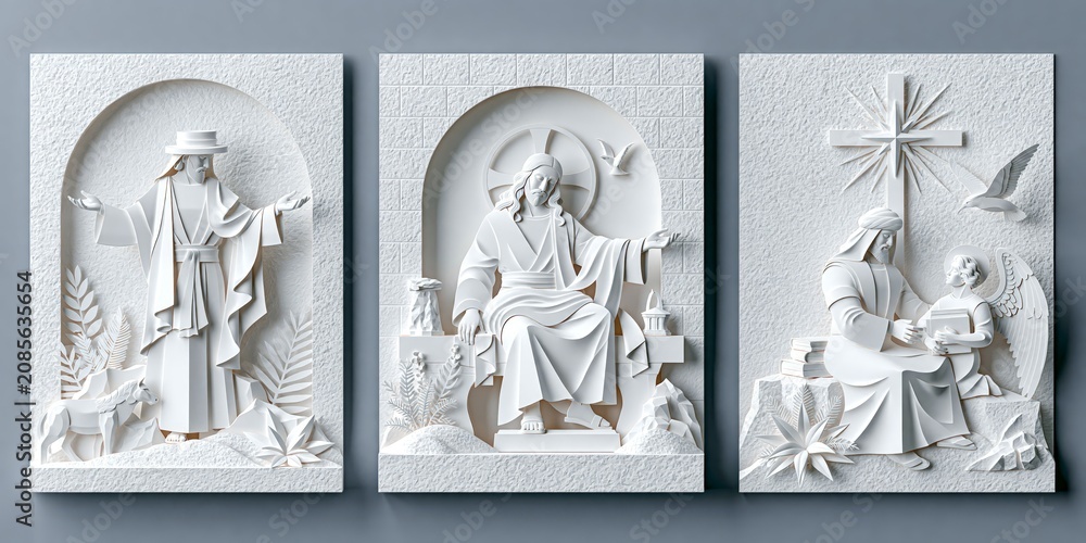 Obraz premium Triptych layered paper craft illustration featuring Jesus Christ on the throne, Jesus with the angel Gabriel, and Jesus in the wilderness, designed as a symbolic three-panel Christian wall art set.