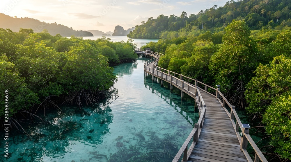 Fototapeta premium A serene wooden boardwalk winds through a lush mangrove forest alongside a tranquil turquoise river