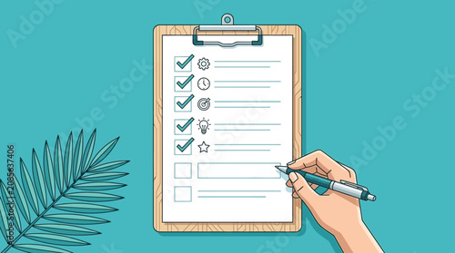 hand completing a checklist with icons for tasks goals and productivity in a minimalist design